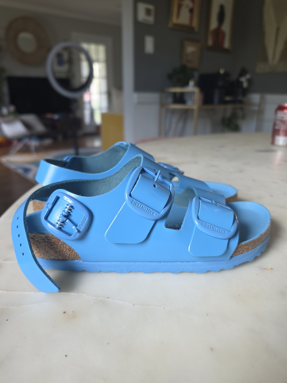 Birkenstock Milano Big Buckle Leather Sandal High Shine Sky Blue Size 7-7.5 - Picture 3 of 9